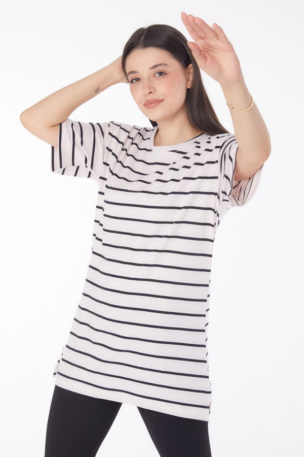 Çizgili Kısa Kollu T-shirt Beyaz - 25764 BEYAZ