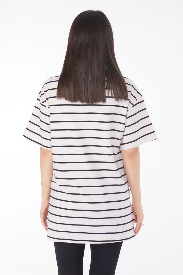 Çizgili Kısa Kollu T-shirt Beyaz - 25764 BEYAZ