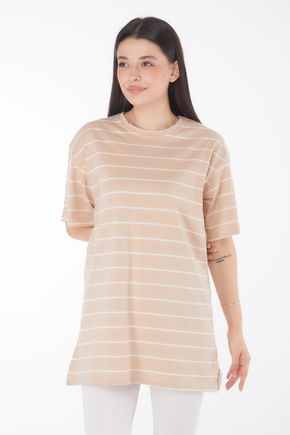 Çizgili Kısa Kollu T-shirt Vizon - 25764