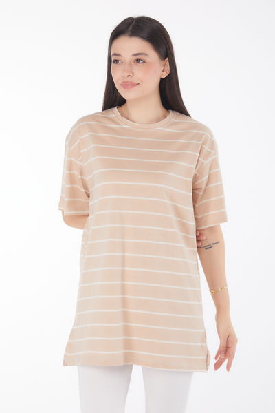 Çizgili Kısa Kollu T-shirt Vizon - 25764 VİZON