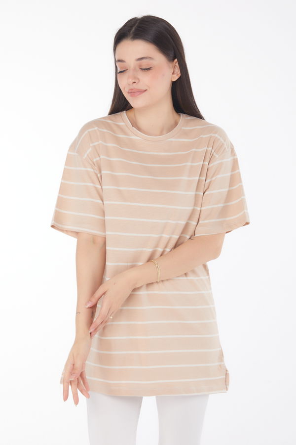 Çizgili Kısa Kollu T-shirt Vizon - 25764 VİZON