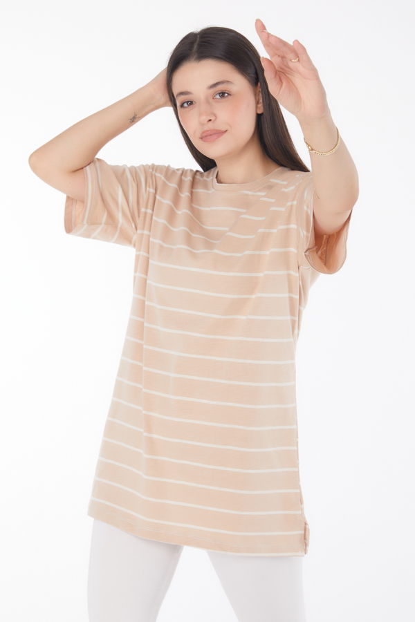 Çizgili Kısa Kollu T-shirt Vizon - 25764 VİZON