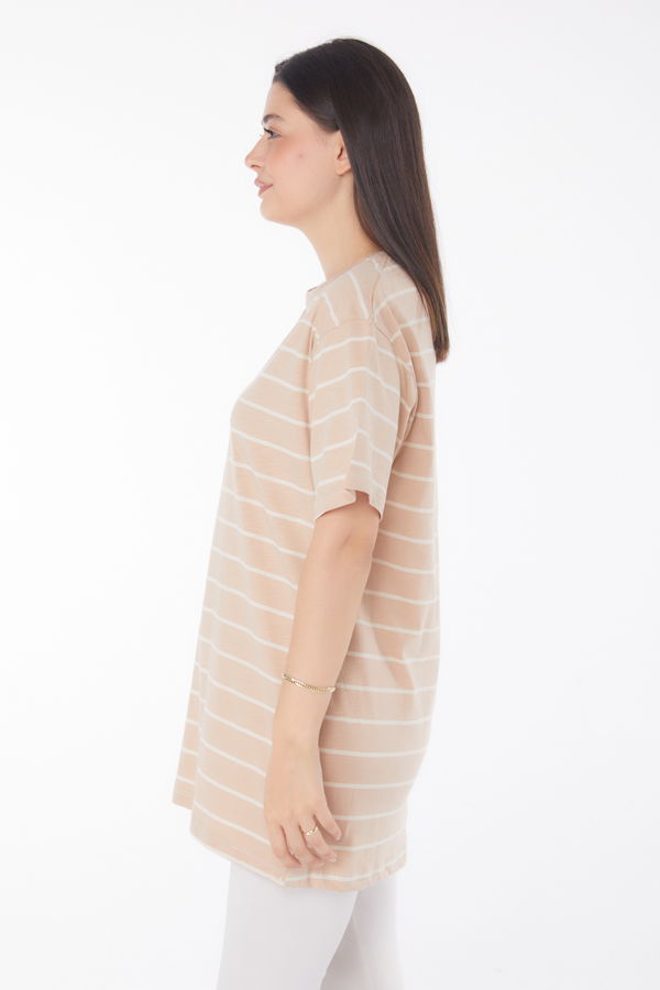 Çizgili Kısa Kollu T-shirt Vizon - 25764 VİZON