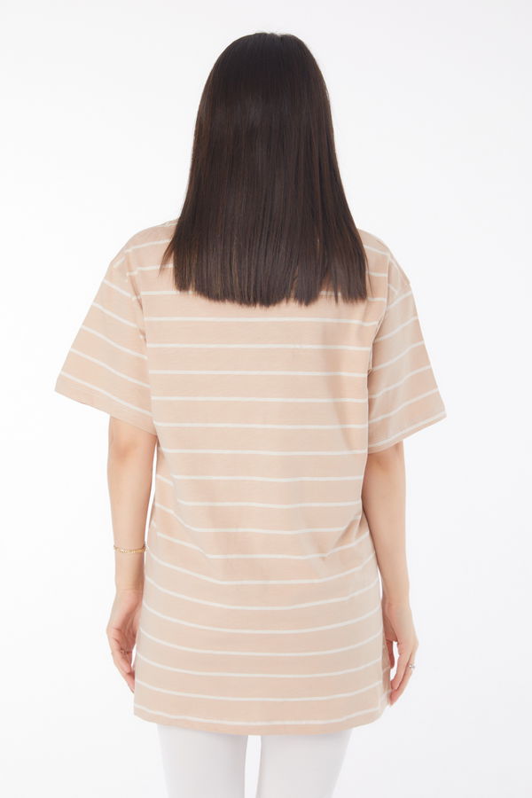 Çizgili Kısa Kollu T-shirt Vizon - 25764 VİZON