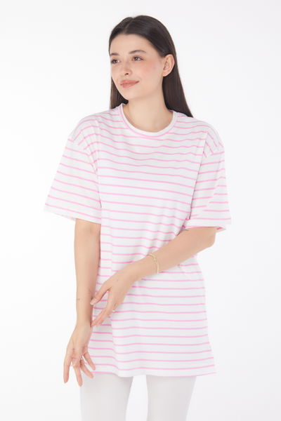 Çizgili Kısa Kollu T-shirt Pembe - 25765