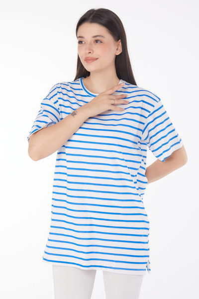 Çizgili Kısa Kollu T-shirt Mavi - 25765 MAVİ
