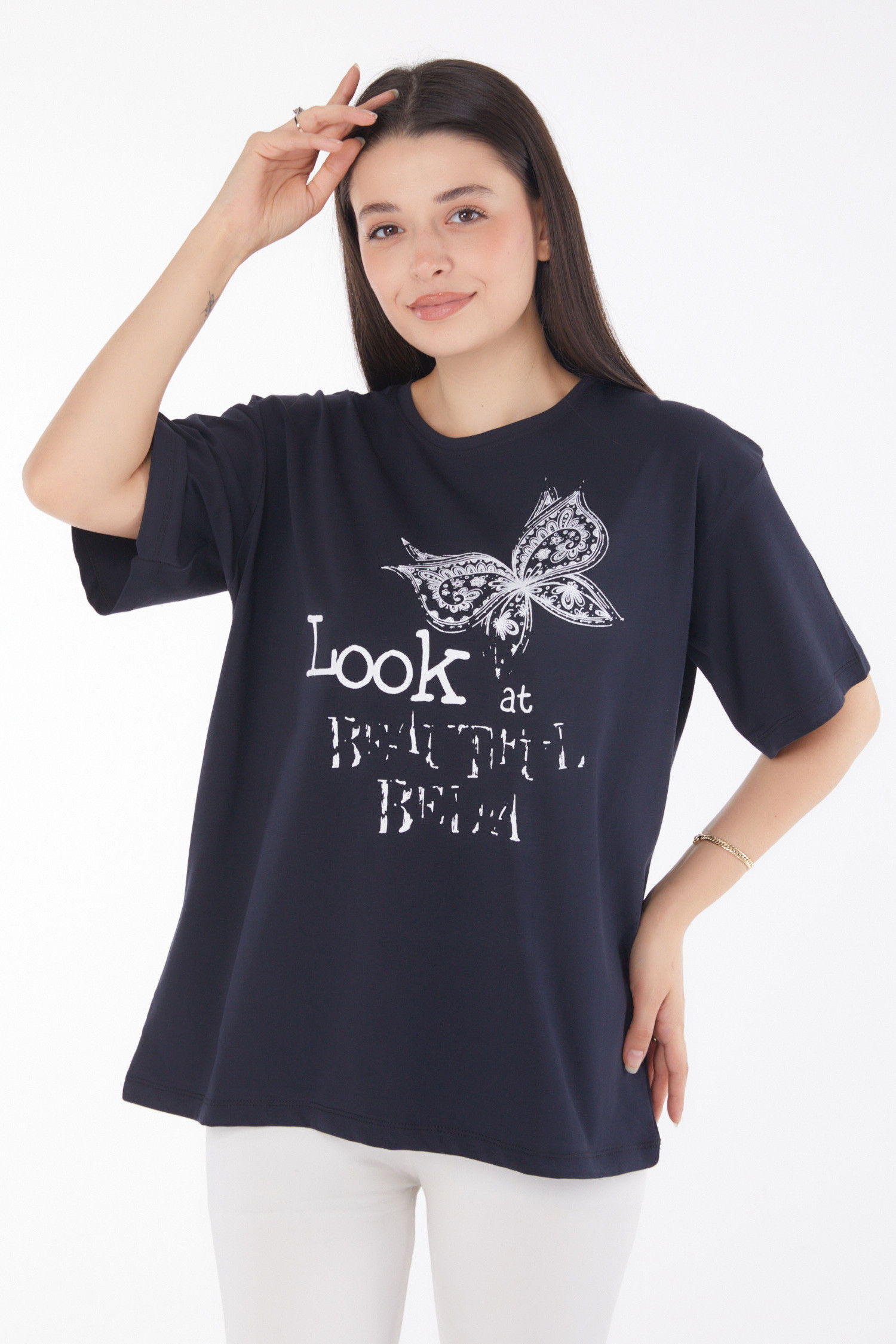 Baskılı Kısa Kollu T-shirt Lacivert - 25766 LACİVERT