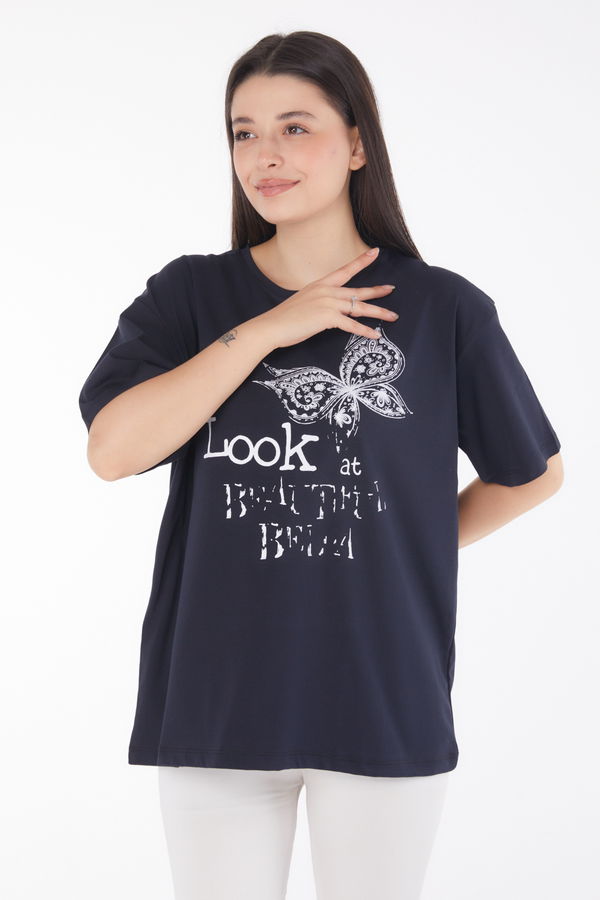 Baskılı Kısa Kollu T-shirt Lacivert - 25766 LACİVERT