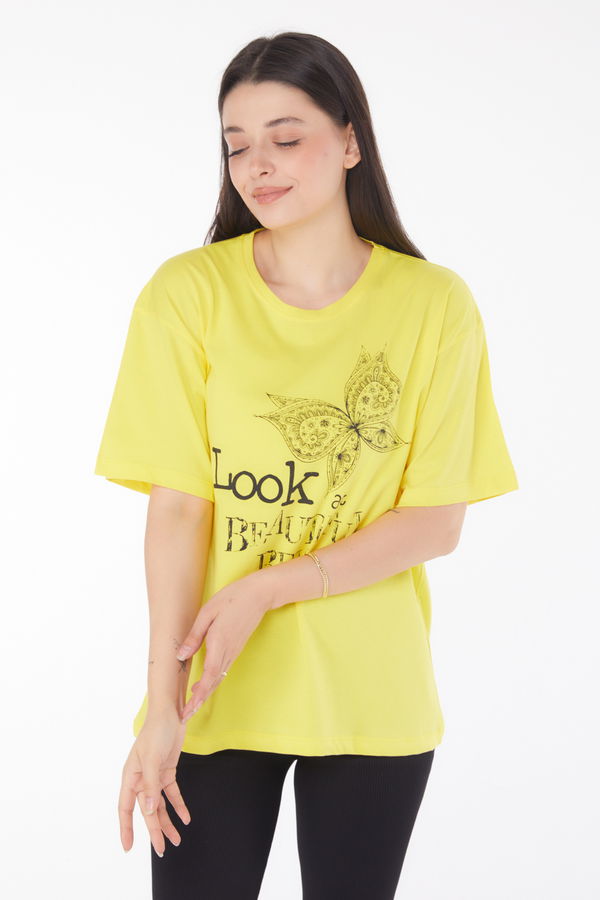Baskılı Kısa Kollu T-shirt Sarı - 25766
