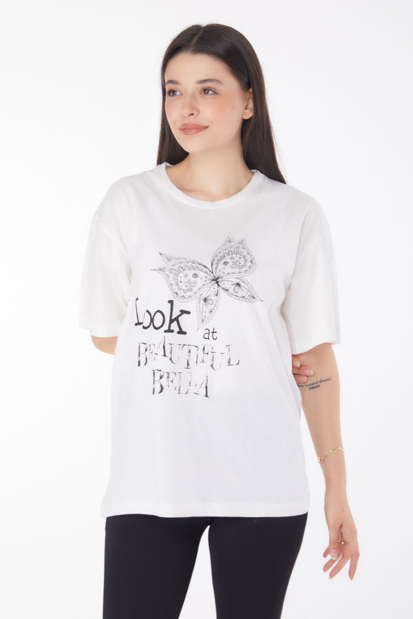 Baskılı Kısa Kollu T-shirt Beyaz - 25766