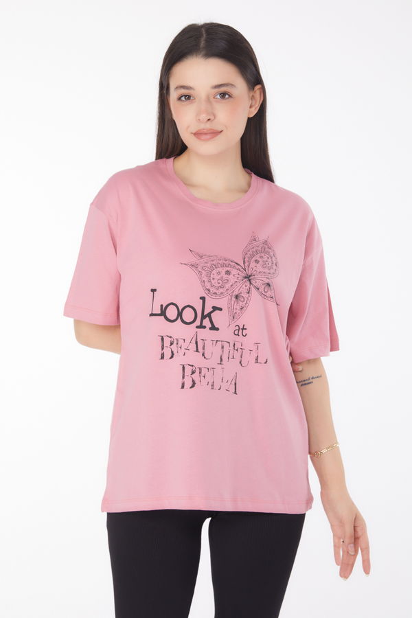 Baskılı Kısa Kollu T-shirt Pembe - 25766 PEMBE
