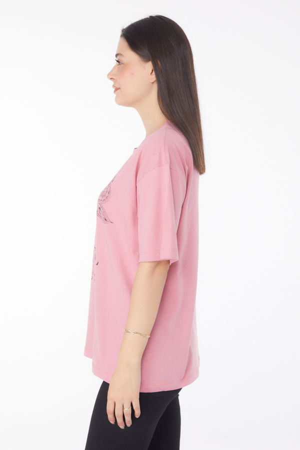 Baskılı Kısa Kollu T-shirt Pembe - 25766 PEMBE