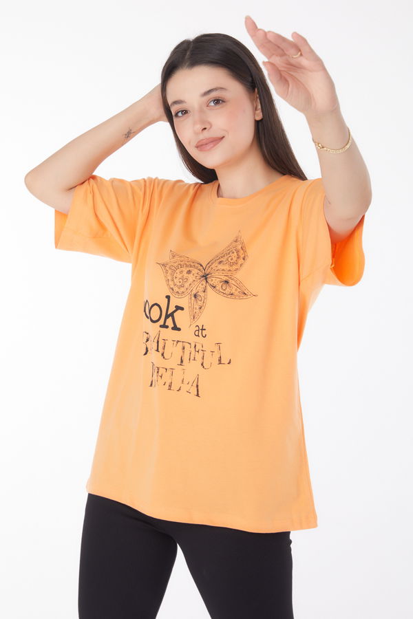 Baskılı Kısa Kollu T-shirt Turuncu - 25766