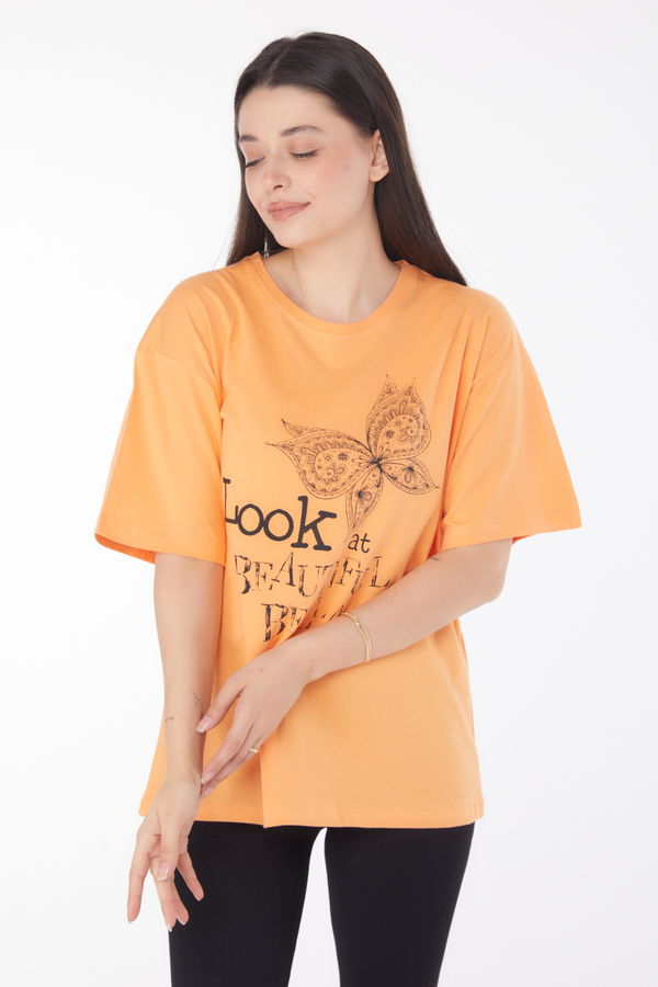 Baskılı Kısa Kollu T-shirt Turuncu - 25766