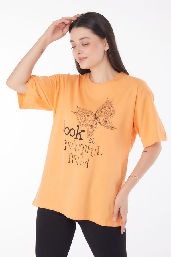 Baskılı Kısa Kollu T-shirt Turuncu - 25766