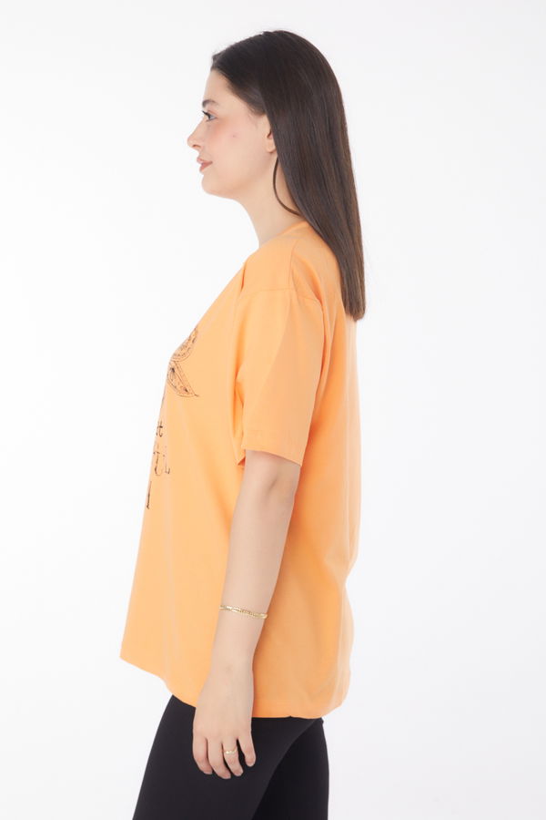 Baskılı Kısa Kollu T-shirt Turuncu - 25766