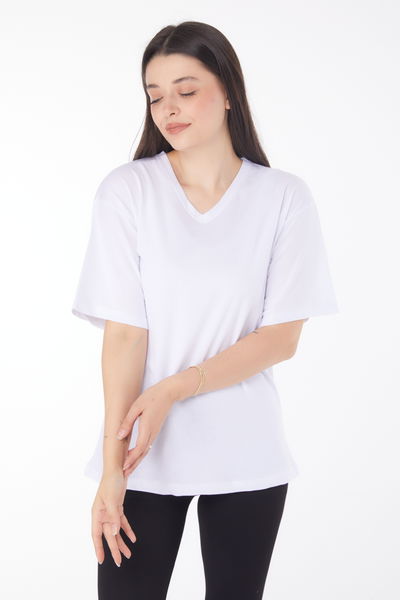 V Yaka T-Shirt Beyaz - 25767