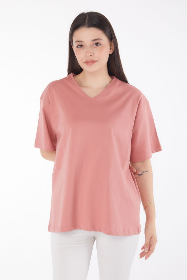 V Yaka T-Shirt Pembe - 25767