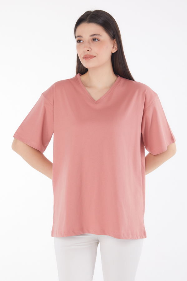 V Yaka T-Shirt Pembe - 25767