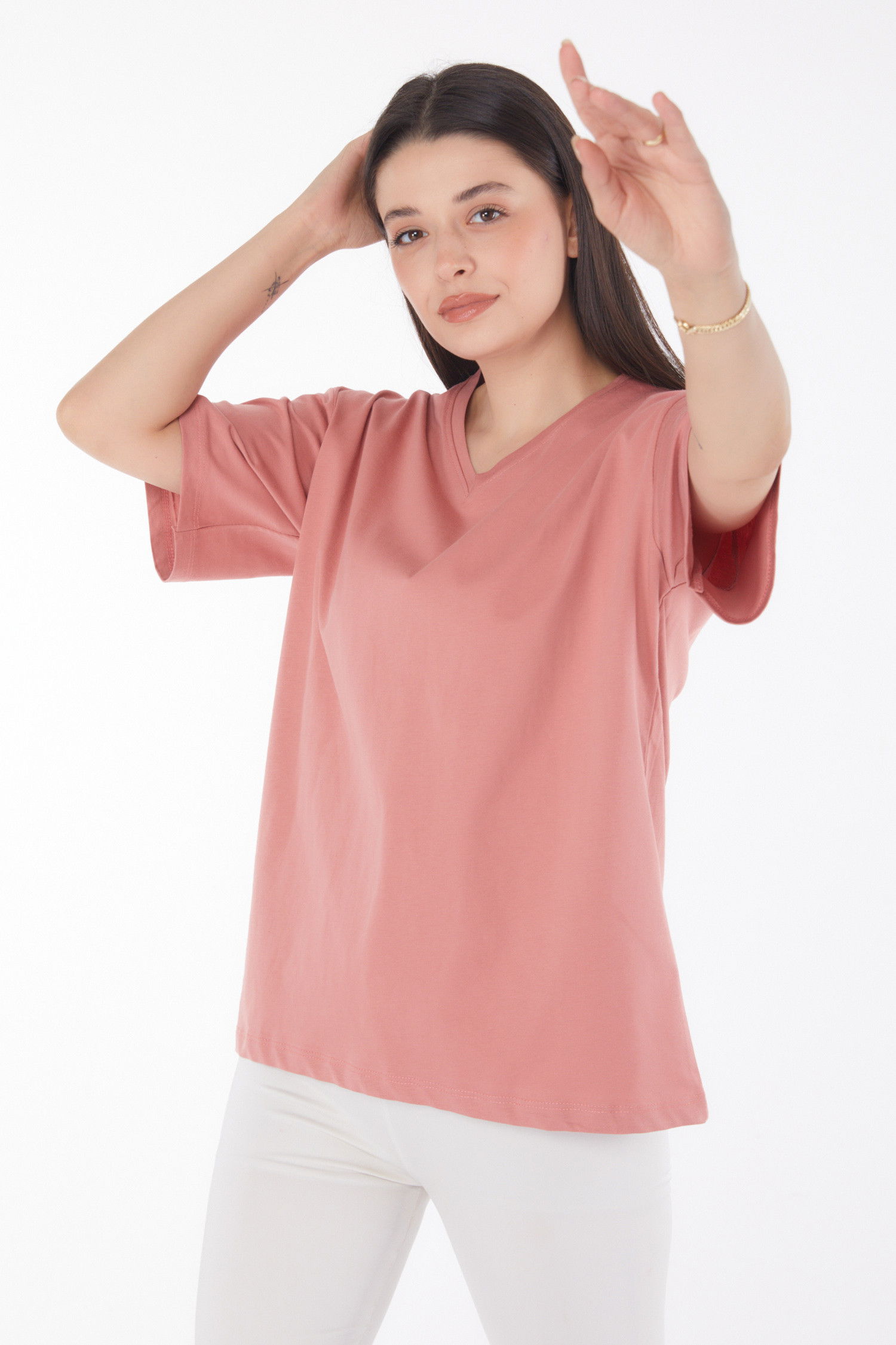 V Yaka T-Shirt Pembe - 25767