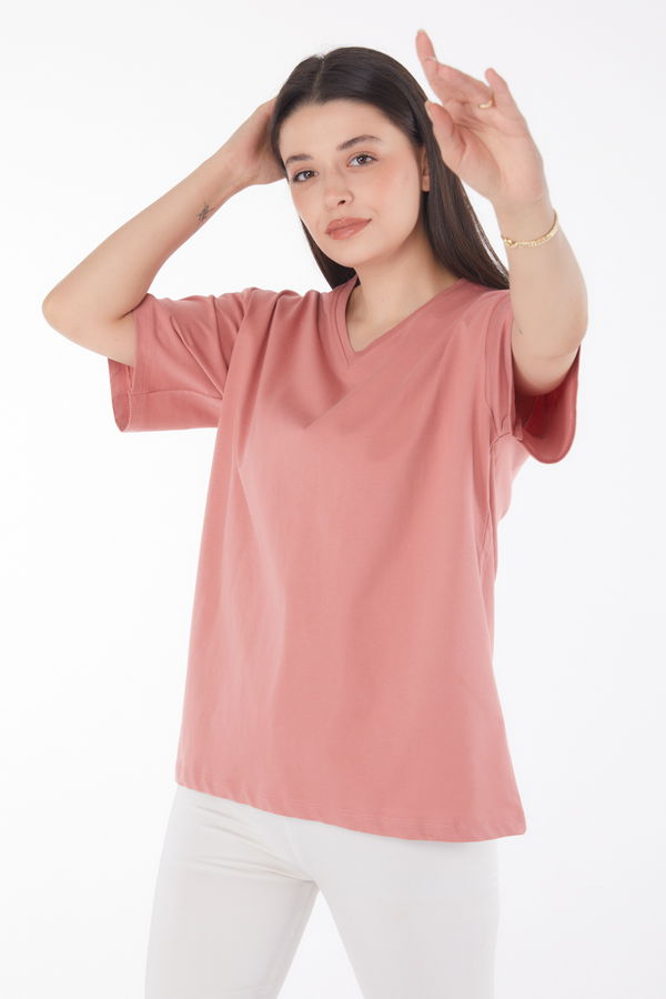 V Yaka T-Shirt Pembe - 25767