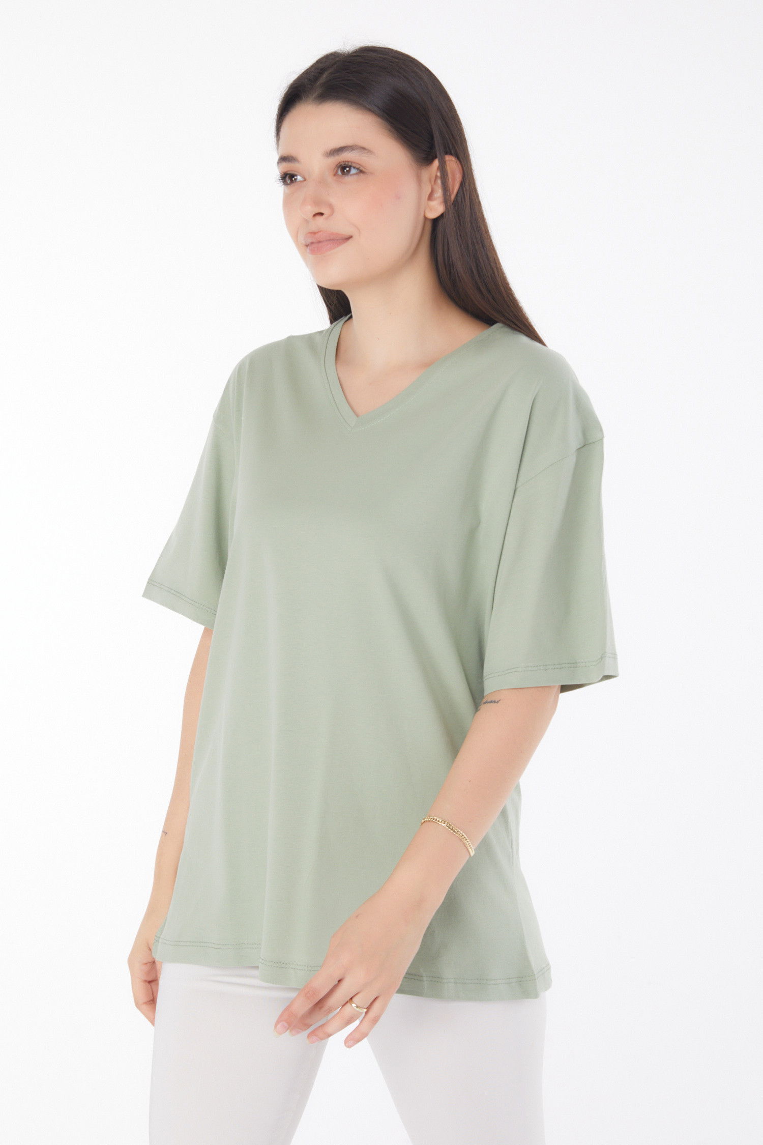 V Yaka T-Shirt Yeşil - 25767