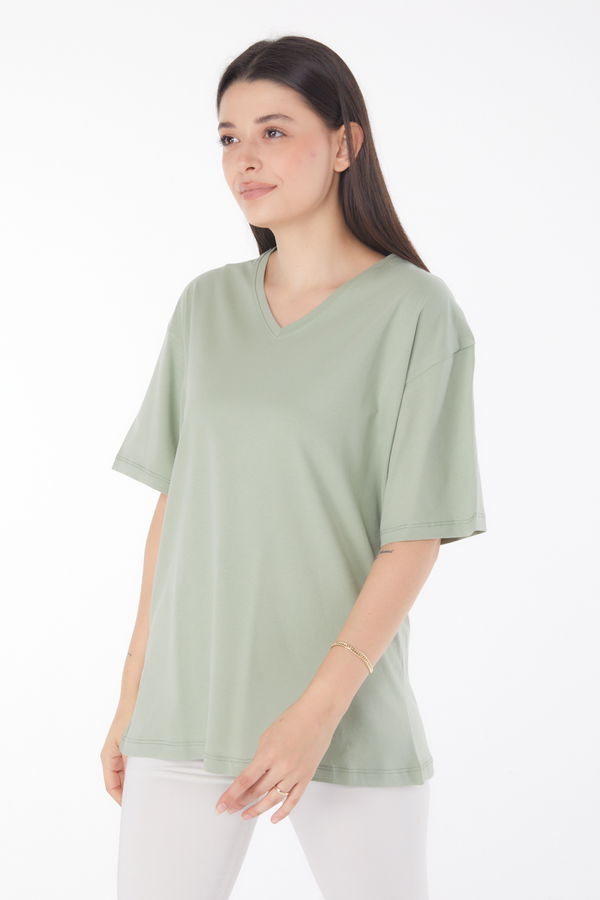 V Yaka T-Shirt Yeşil - 25767