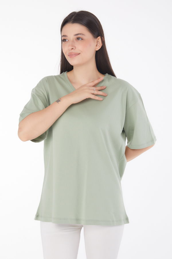 V Yaka T-Shirt Yeşil - 25767