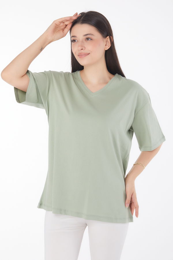 V Yaka T-Shirt Yeşil - 25767