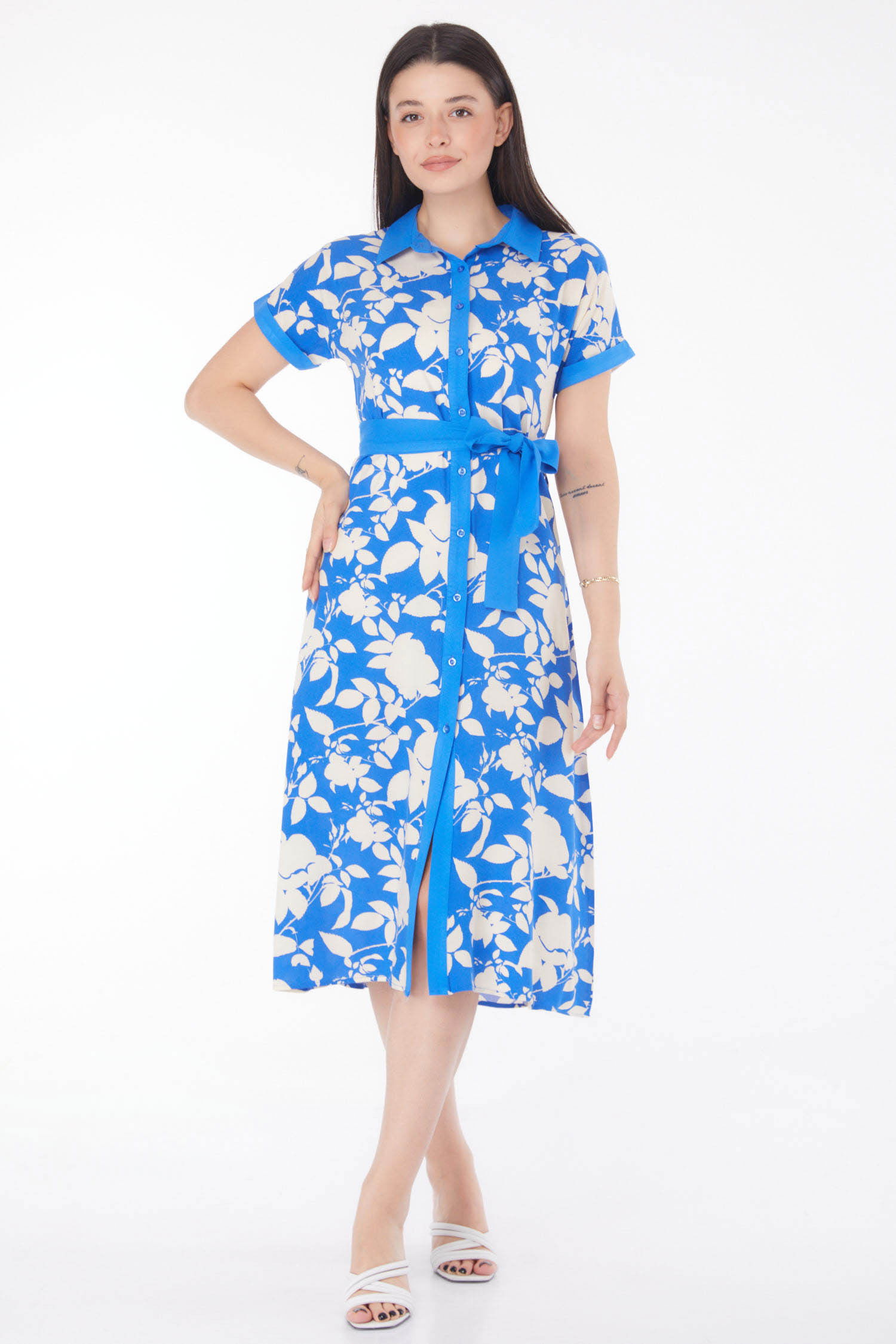 Desenli Midi Elbise Mavi - 25788