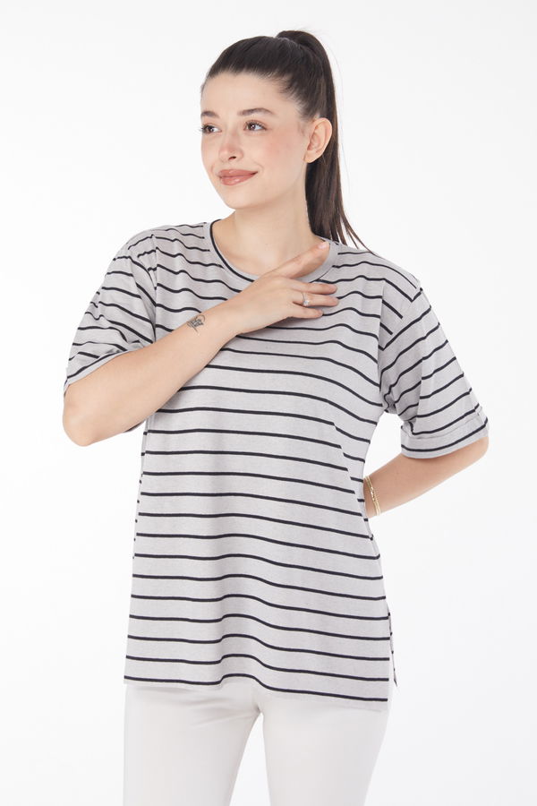 Çizgili Kısa Kollu T-shirt Gri - 25840