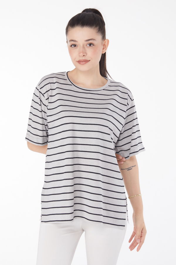 Çizgili Kısa Kollu T-shirt Gri - 25840