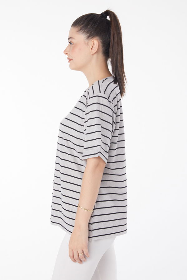 Çizgili Kısa Kollu T-shirt Gri - 25840