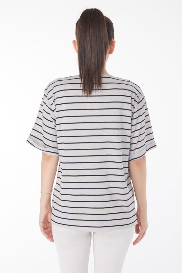 Çizgili Kısa Kollu T-shirt Gri - 25840