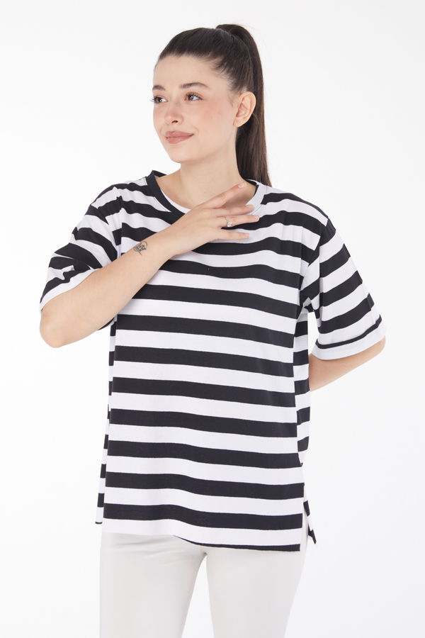 Çizgili Kısa Kollu T-shirt Siyah - 25841 SİYAH