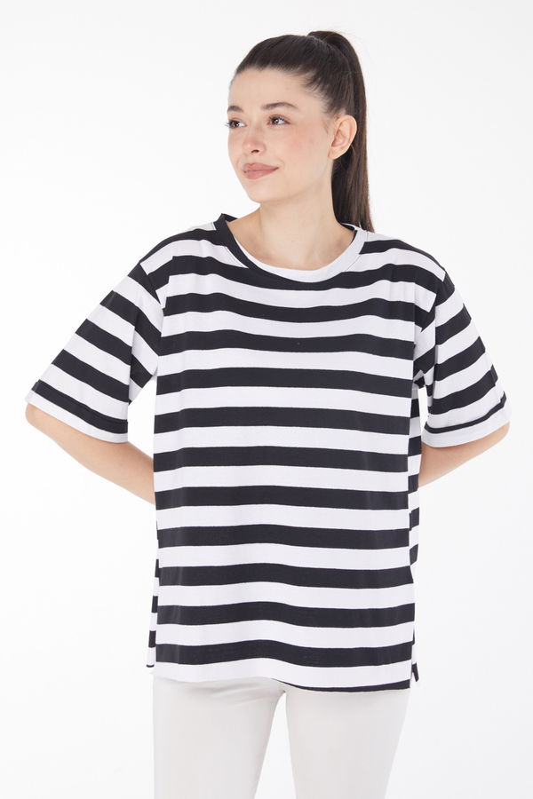 Çizgili Kısa Kollu T-shirt Siyah - 25841 SİYAH