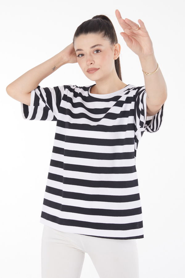 Çizgili Kısa Kollu T-shirt Siyah - 25841 SİYAH