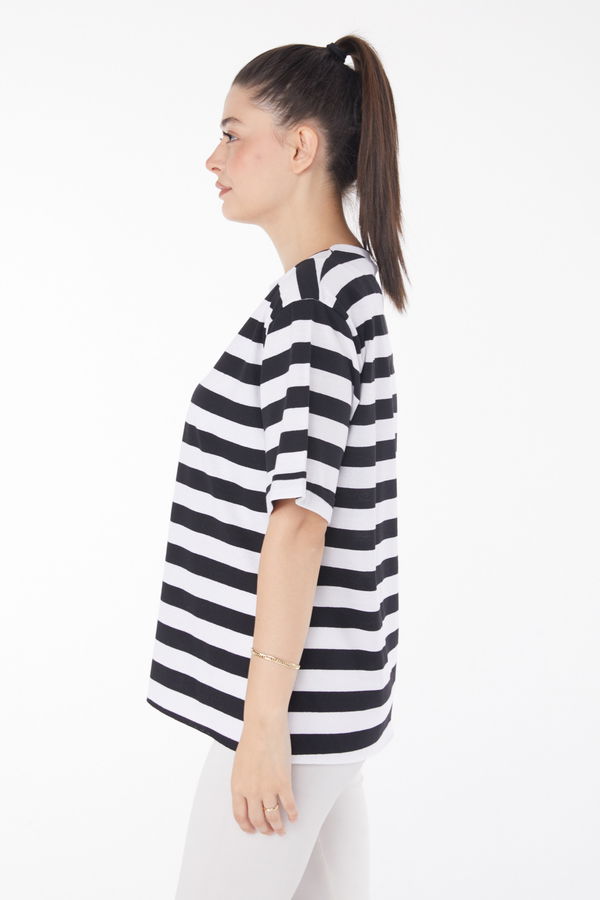 Çizgili Kısa Kollu T-shirt Siyah - 25841 SİYAH