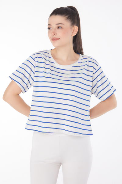 Çizgili Kısa Kollu Crop Beyaz - 25842
