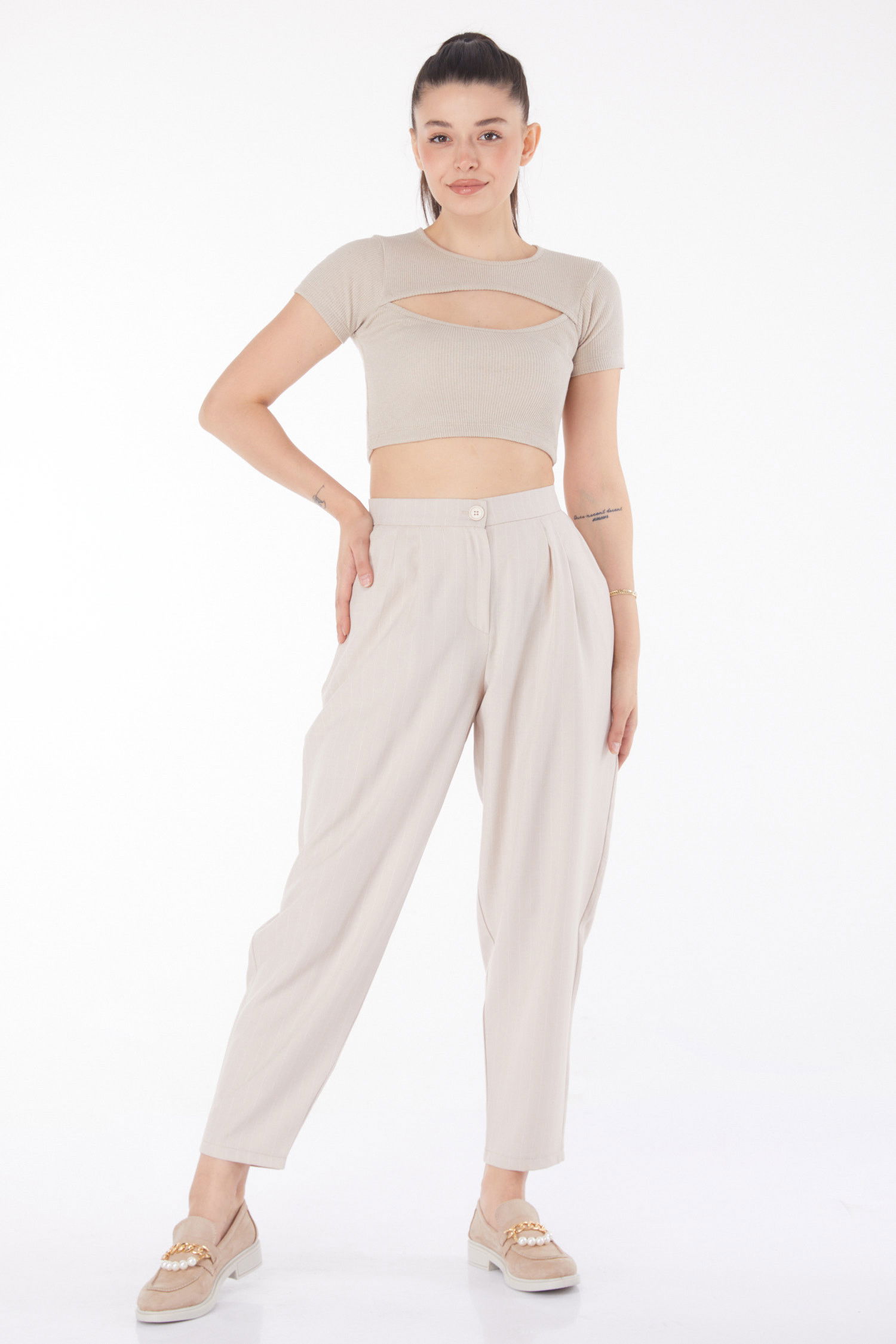 Çizgili Pantolon Bej - 25872 BEJ