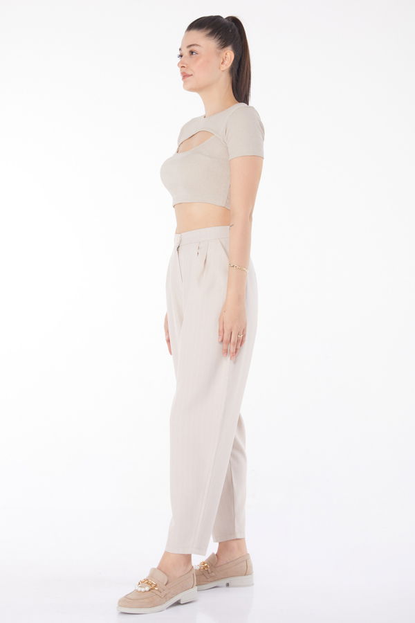 Çizgili Pantolon Bej - 25872 BEJ