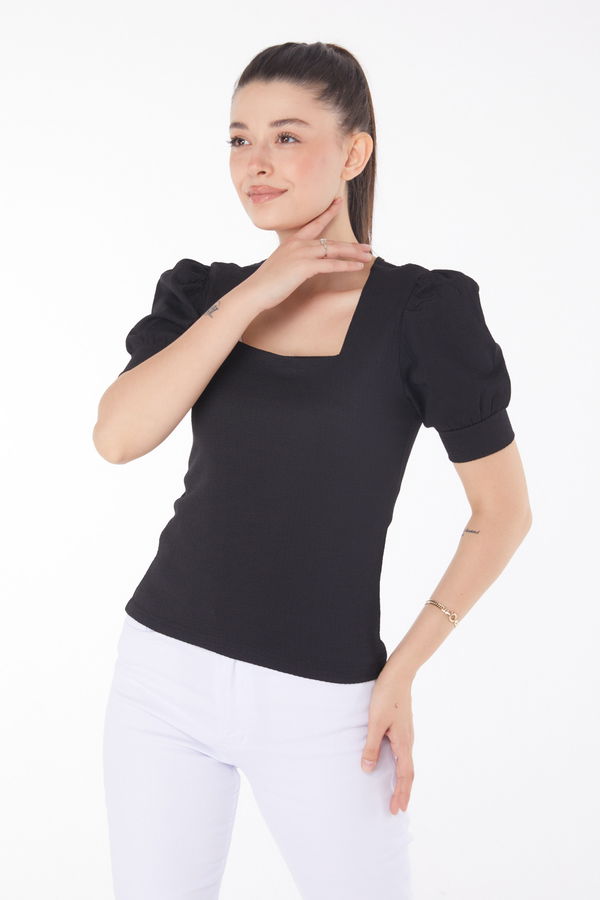 Kare Yaka Bluz Siyah - 25873