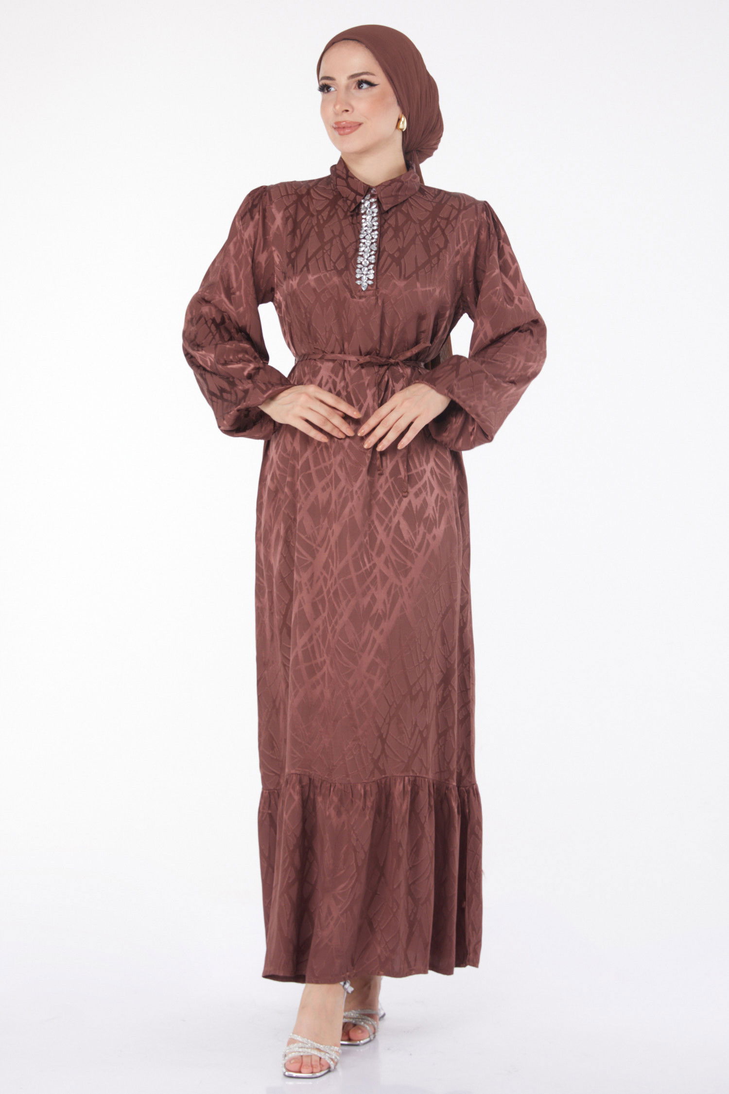Taş Detaylı Elbise Kahverengi - 25888 KAHVERENGİ