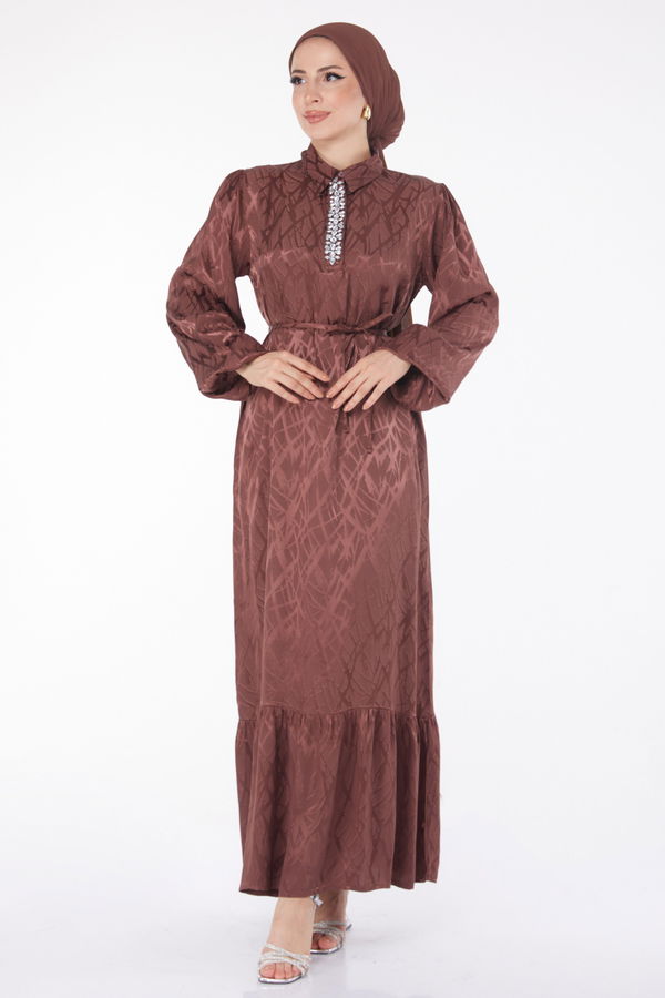 Taş Detaylı Elbise Kahverengi - 25888 KAHVERENGİ