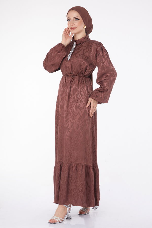 Taş Detaylı Elbise Kahverengi - 25888 KAHVERENGİ