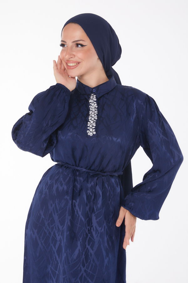 Taş Detaylı Elbise Lacivert - 25888 LACİVERT