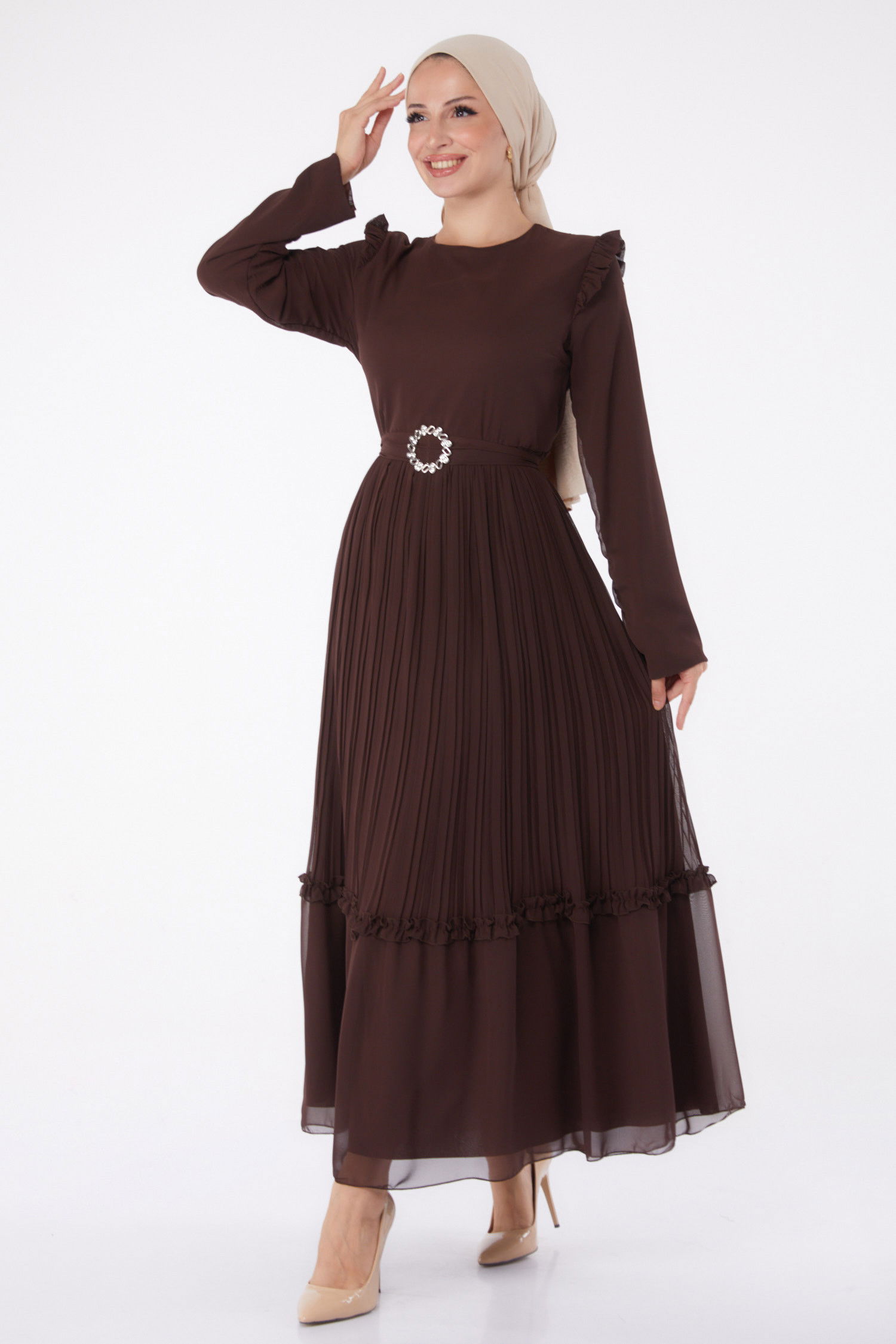 Piliseli Abiye Elbise Kahverengi - 26029 KAHVERENGİ