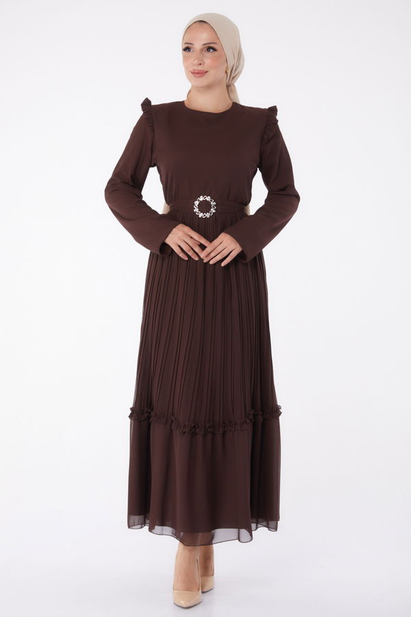 Piliseli Abiye Elbise Kahverengi - 26029 KAHVERENGİ
