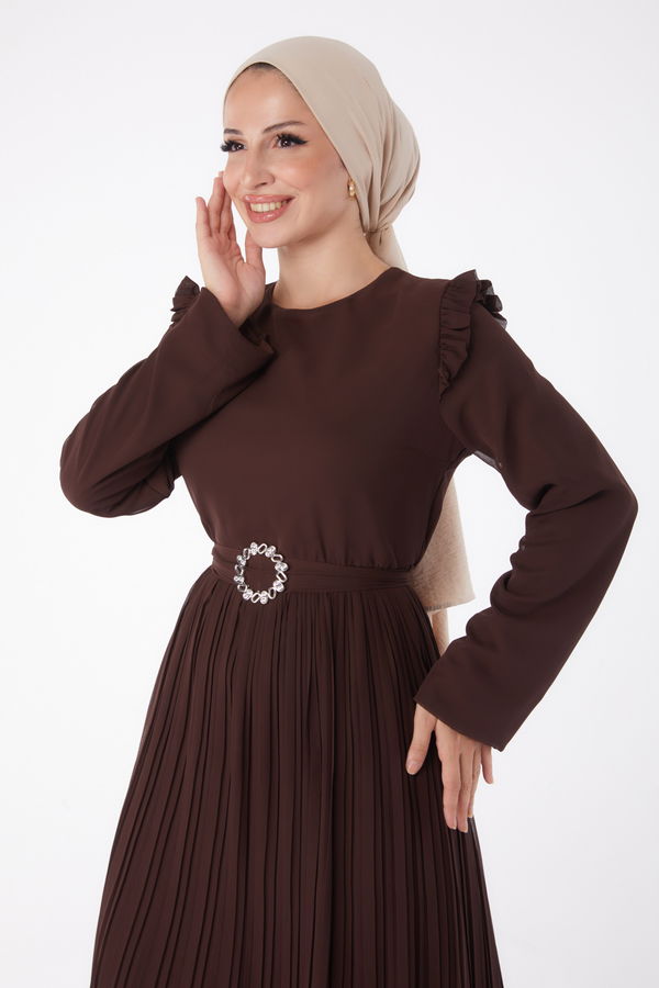 Piliseli Abiye Elbise Kahverengi - 26029 KAHVERENGİ