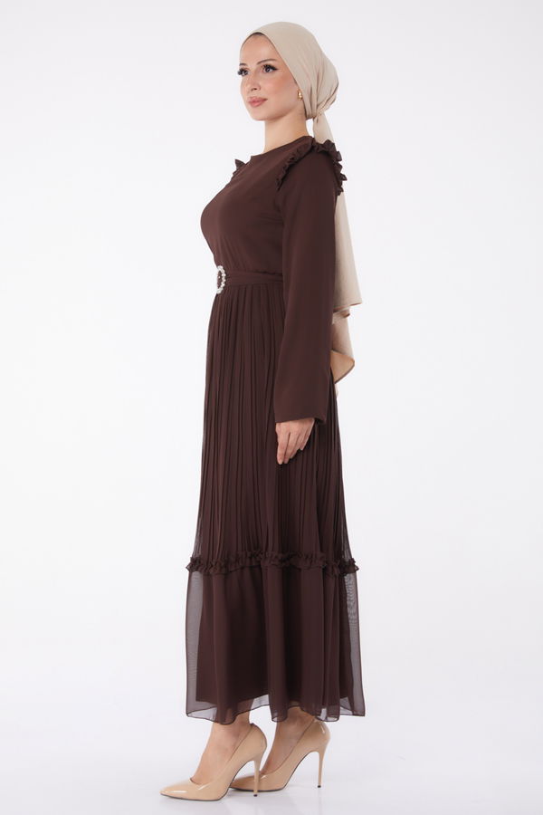 Piliseli Abiye Elbise Kahverengi - 26029 KAHVERENGİ
